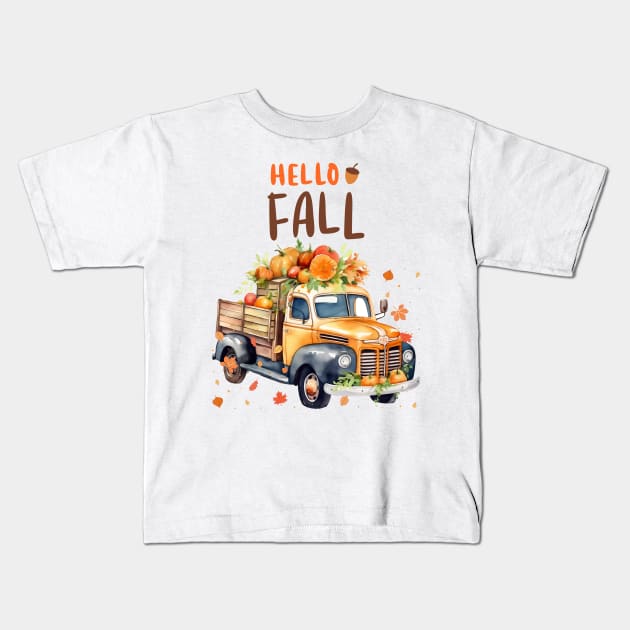 Hello Fall Retro Thanksgiving PickUp Truck Kids T-Shirt by MyVictory